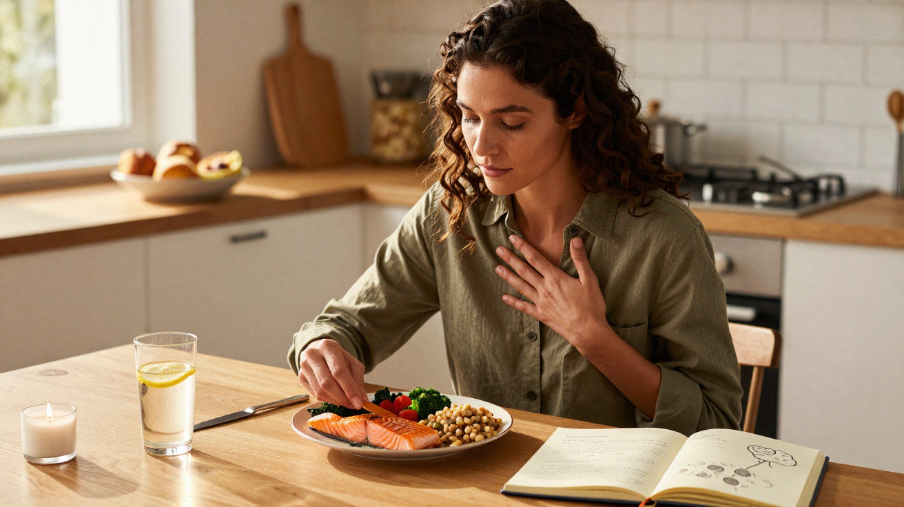 Mulher sentada à mesa com prato de comida saudável, copo de água com limão e caderno aberto na cozinha.