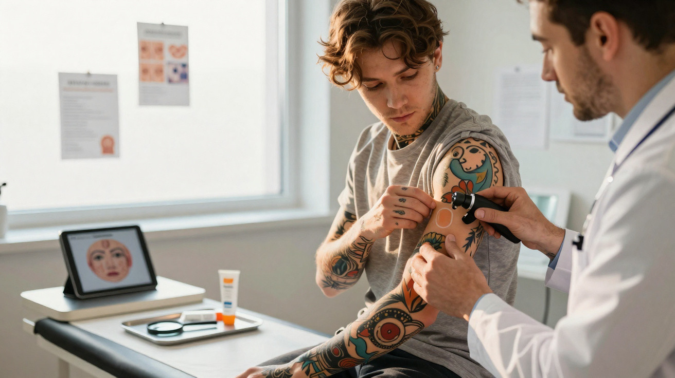 Médico dermatologista examina tatuagens no braço de um jovem sentado numa clínica moderna.