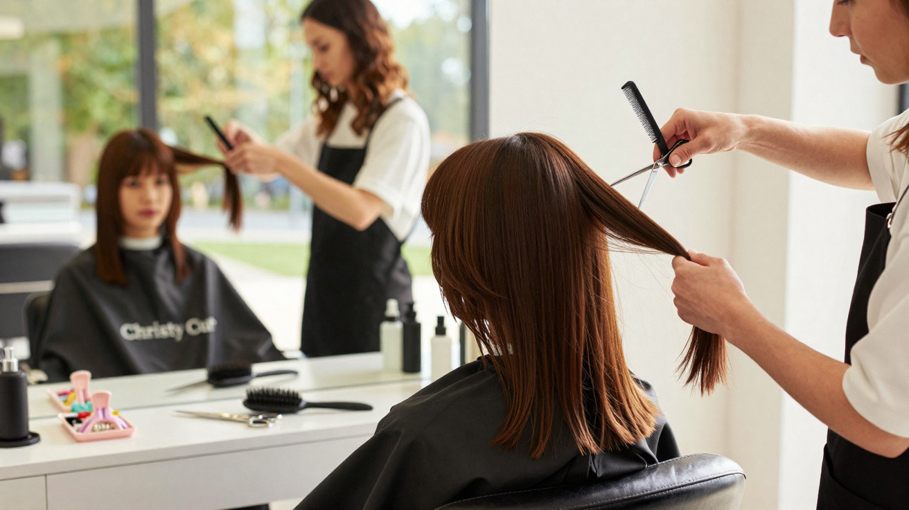 Cliente com capa preta sentada num salão de cabeleireiro a cortar cabelo com cabeleireira e espelho.
