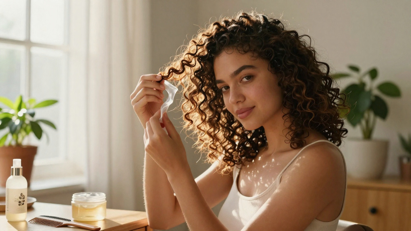 Mulher com cabelo encaracolado aplica máscara capilar numa sala iluminada com plantas ao fundo.