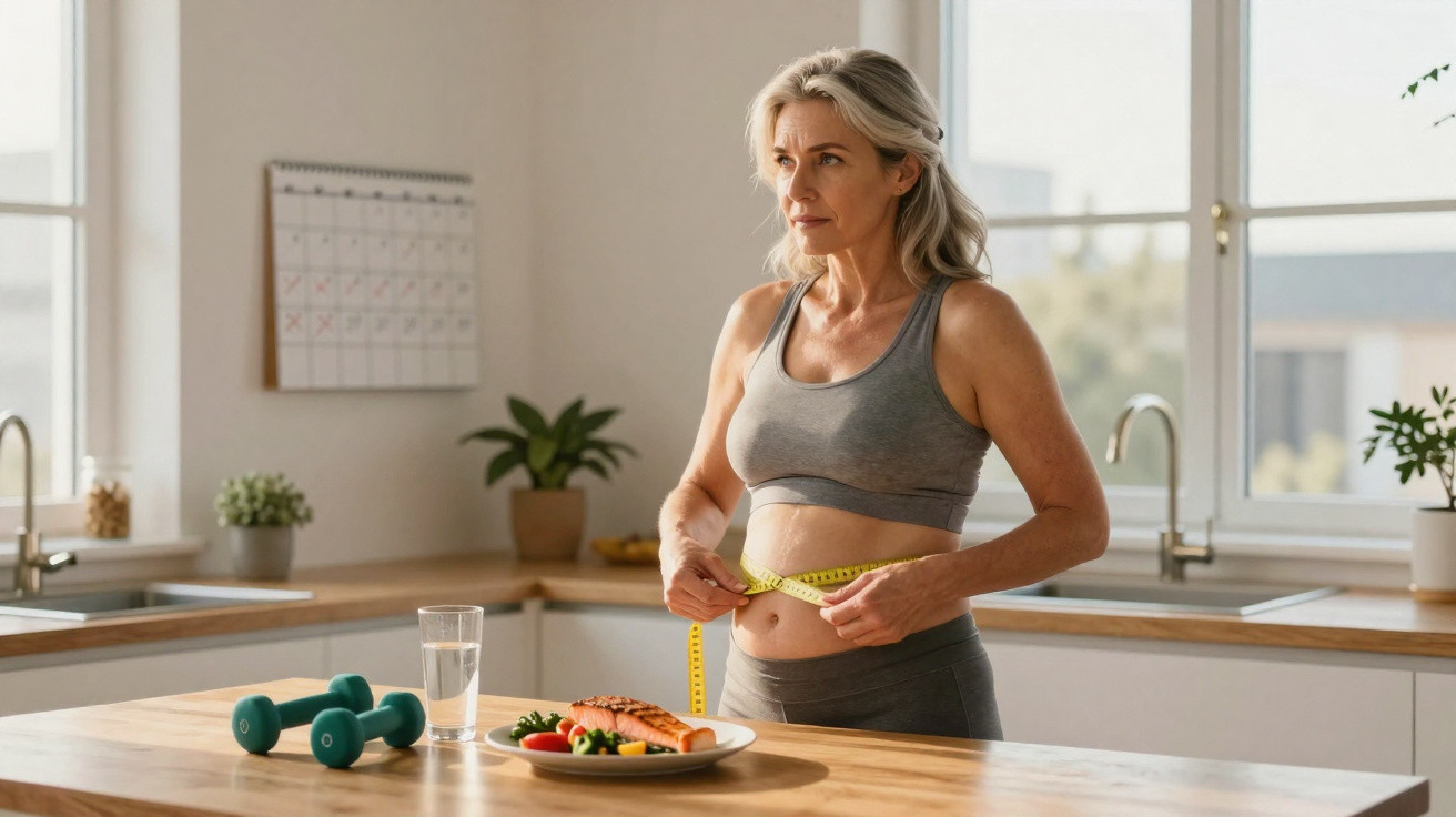 Mulher a medir a cintura com fita métrica na cozinha, com prato de comida saudável e halteres na mesa.