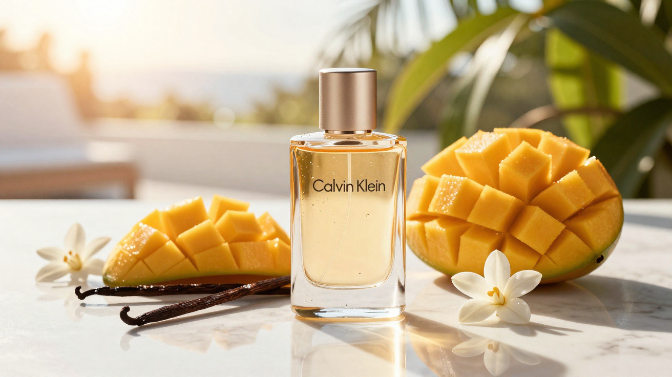 Frasco de perfume Calvin Klein rodeado por manga cortada em cubos, vagens de baunilha e flores brancas.