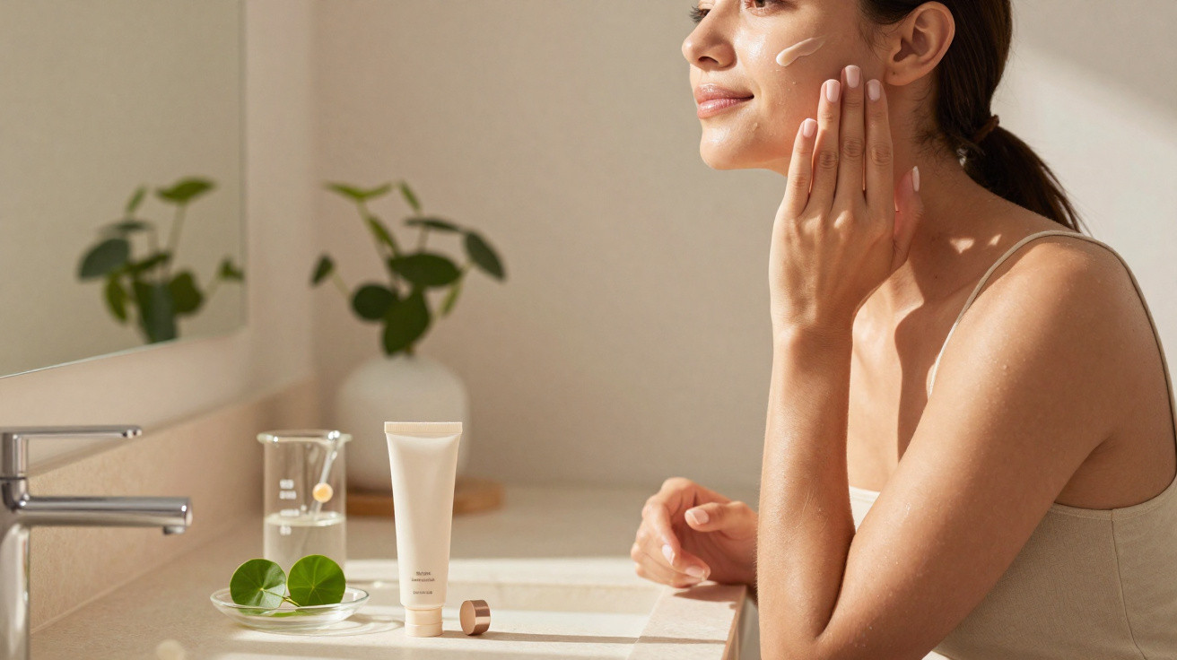 Mulher aplica creme facial, sentada em frente a espelho, com frasco de cosmético e folhas verdes na bancada.