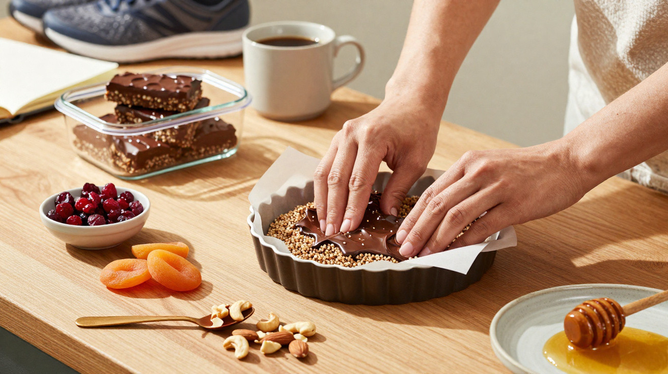 Mãos a preparar barra de chocolate com sementes, frutos secos, frutas secas e mel numa mesa de madeira.