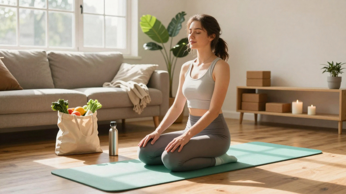 Mulher jovem a meditar sentada em posição de joelhos numa sala iluminada a luz natural.