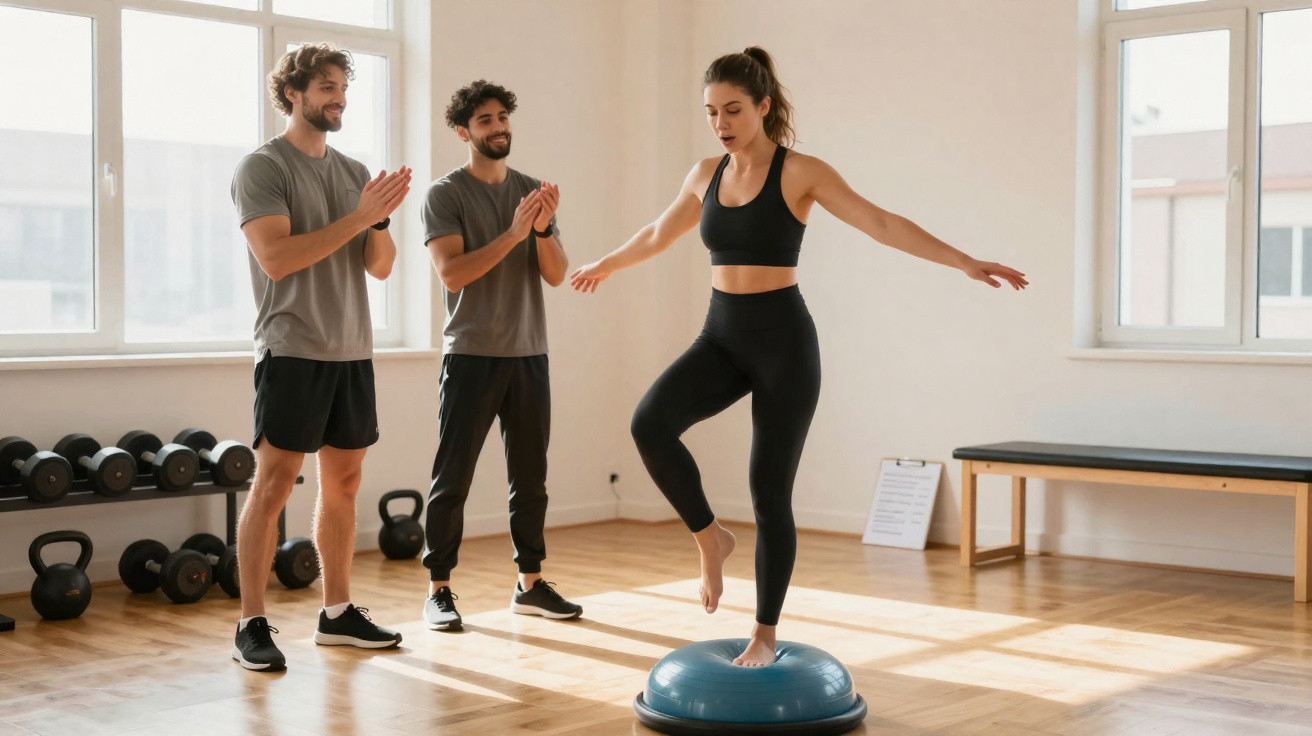 Mulher em treino de equilíbrio numa bola de estabilidade, com dois treinadores a aplaudir num ginásio iluminado.