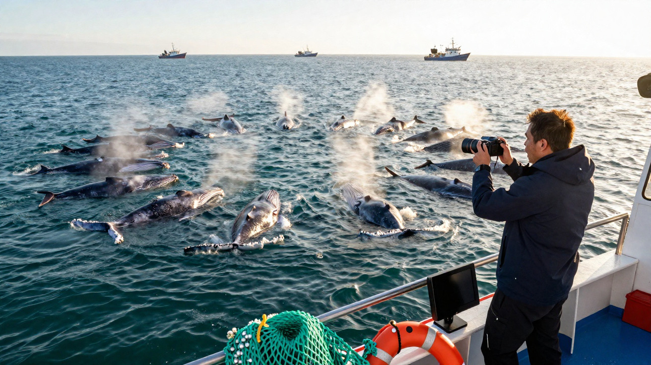 Homem a tirar fotos de um grupo de baleias a expelir água junto a um barco no mar.
