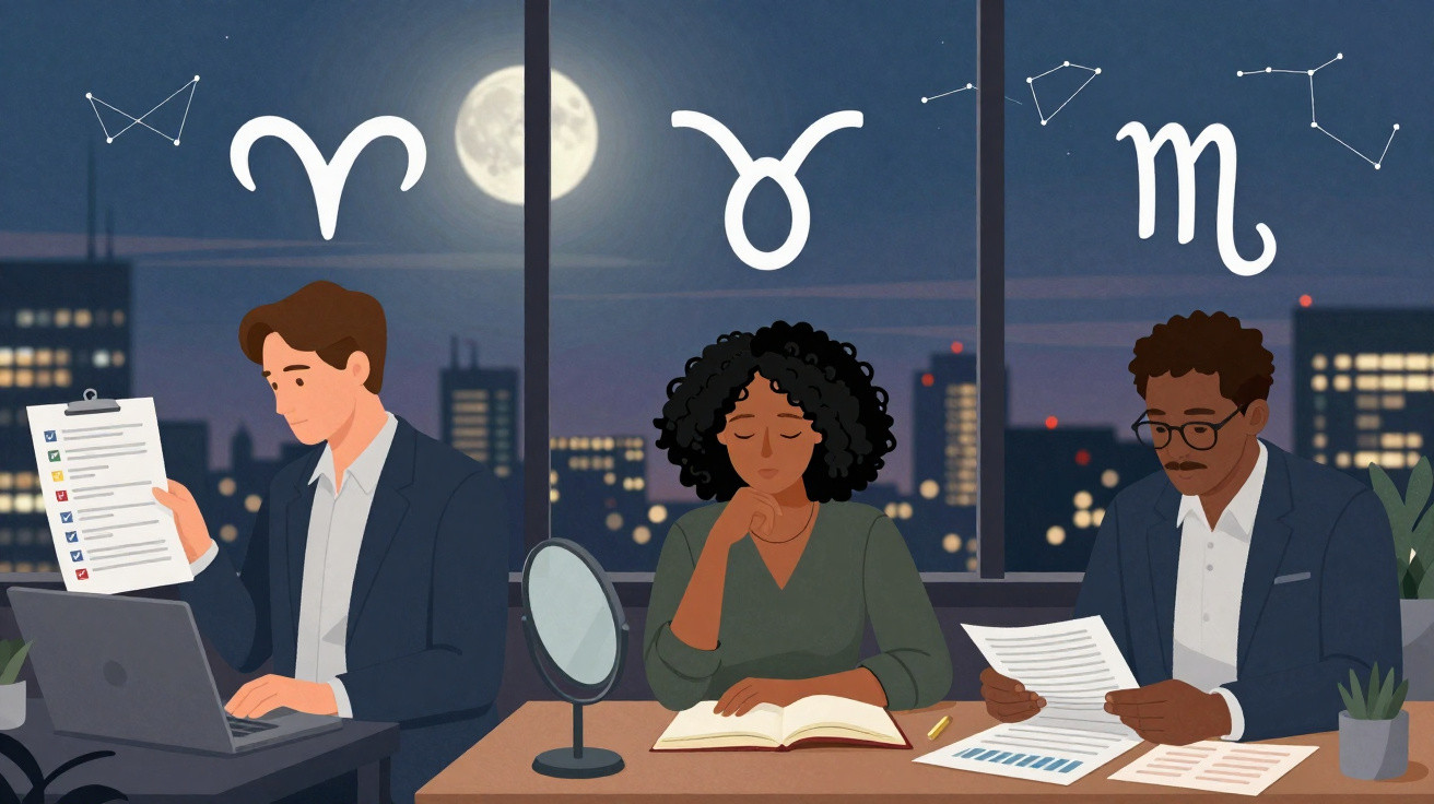 Três pessoas a trabalhar num escritório à noite, sob os signos de Carneiro, Touro e Escorpião.