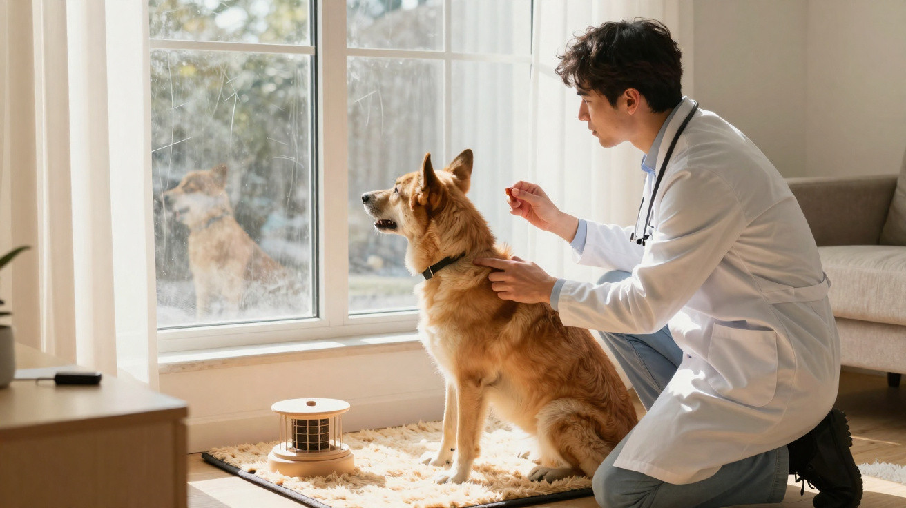 Veterinário examina cão castanho sentado junto a uma janela iluminada por luz natural.