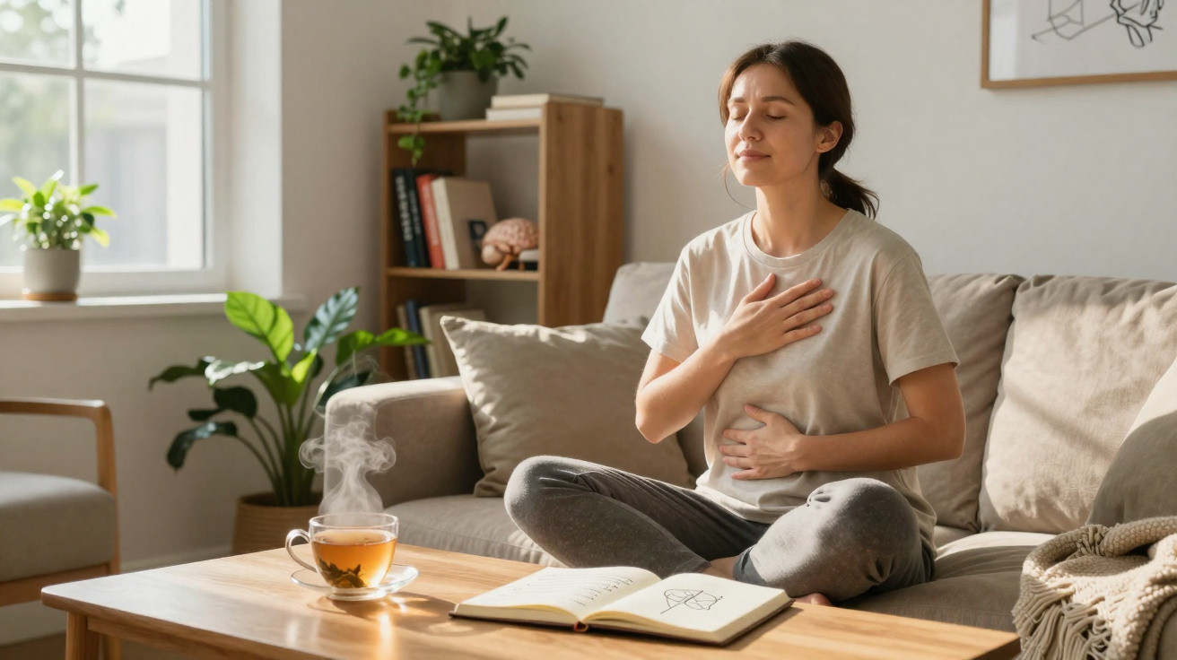 Mulher a meditar sentada de pernas cruzadas no sofá, com chá e livro na mesa à frente.