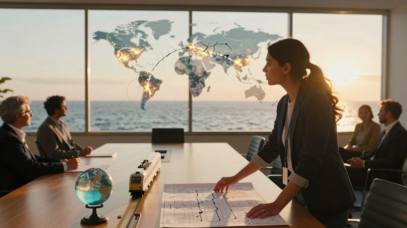 Mulher a apresentar projeto com mapa mundial iluminado e modelo de comboio numa sala de reuniões moderna.
