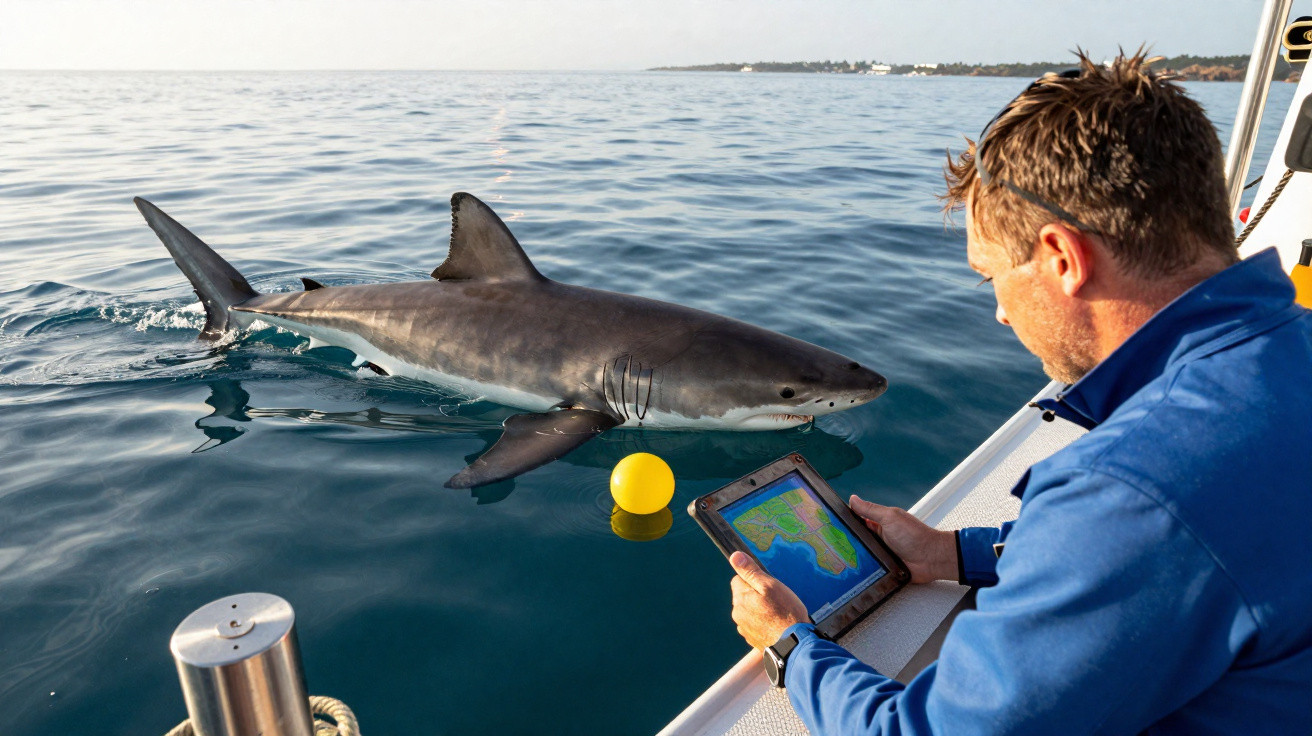Homem num barco a observar um tubarão próximo da superfície do mar segurando um tablet com mapa.