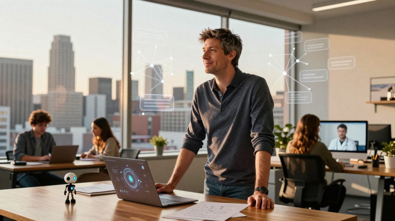 Homem de pé junto a uma mesa com computador numa sala de escritório moderna com vista para a cidade.
