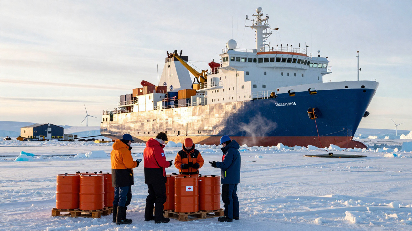 Quatro pessoas com roupa de inverno à frente de um navio azul e branco em cenário gelado com blocos de gelo.