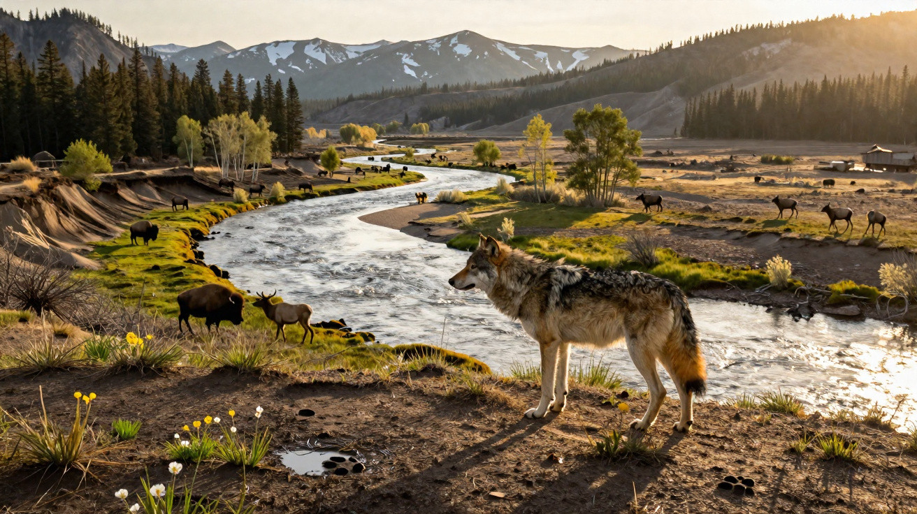 Lobo junto a rio com bisontes e veados numa paisagem montanhosa ao pôr do sol.