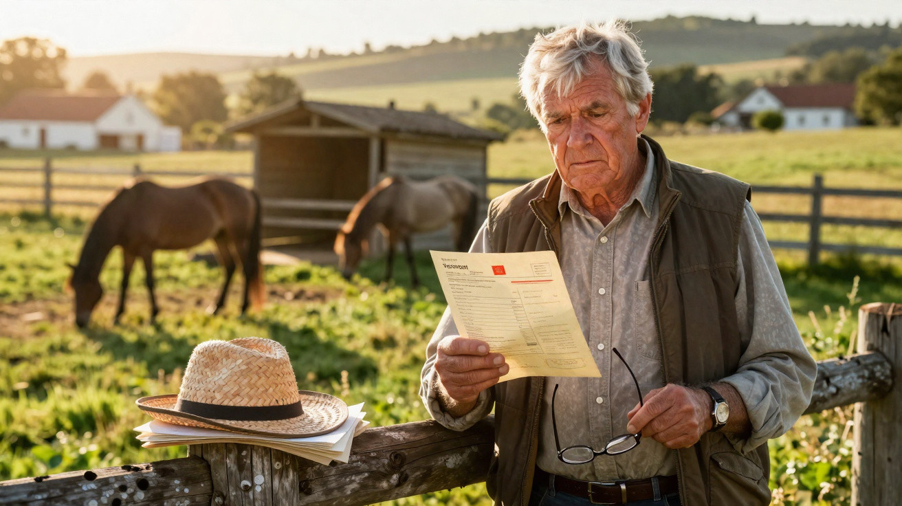 Homem idoso em campo rural a ler documentos próximo de cerca com cavalos ao fundo ao pôr do sol.