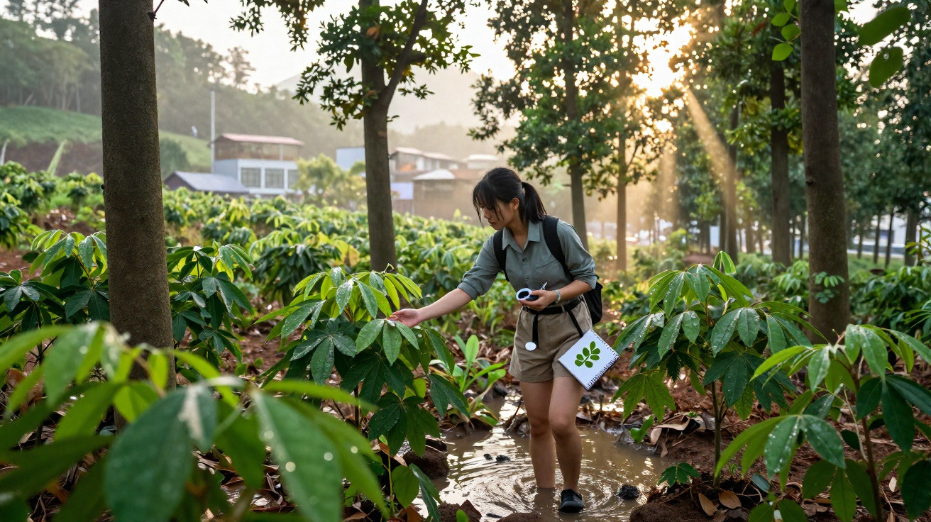 Mulher com tablet numa plantação verifica plantas verdes numa área alagada ao entardecer.