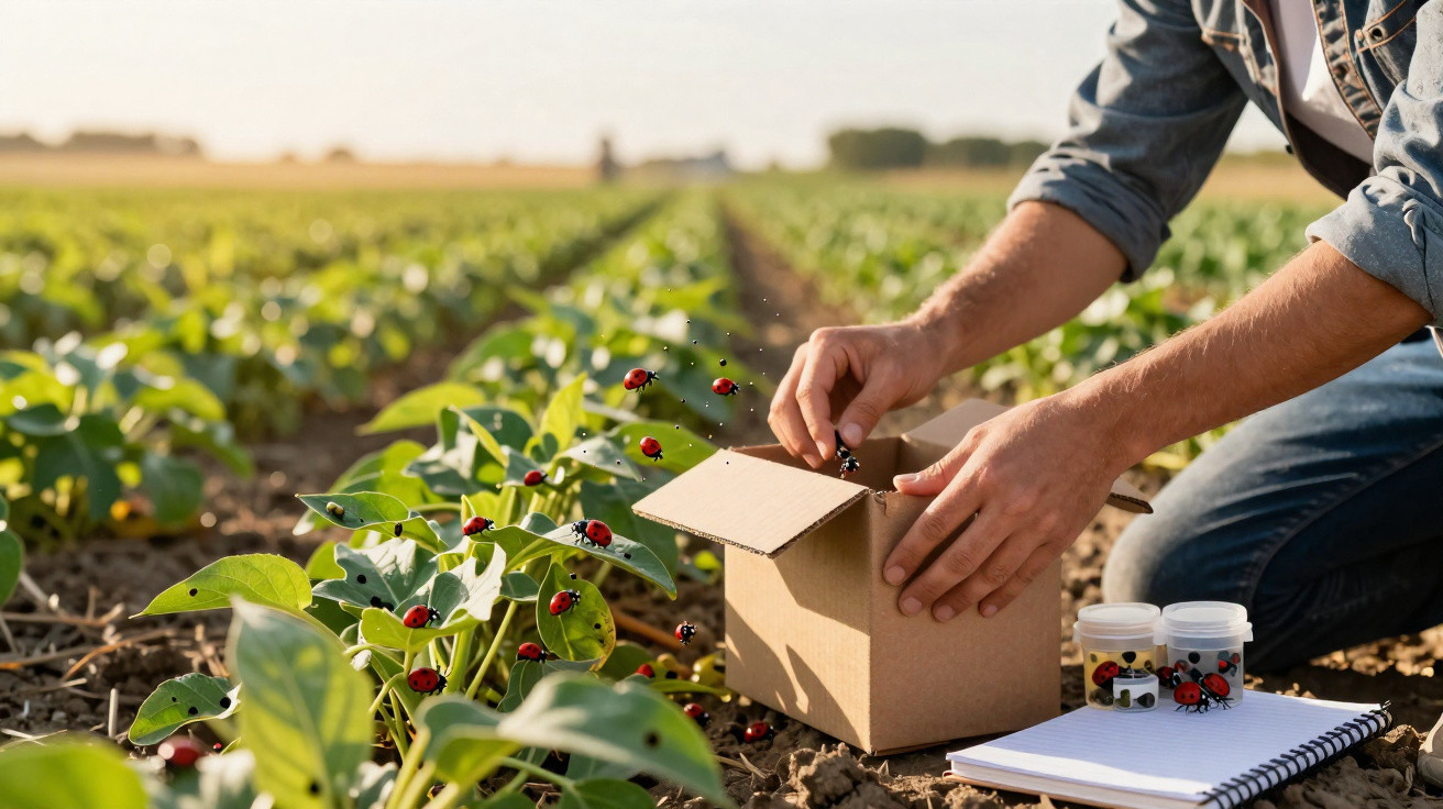 Pessoa a recolher joaninhas num campo agrícola para controlo biológico de pragas, com caderno e frascos ao lado.