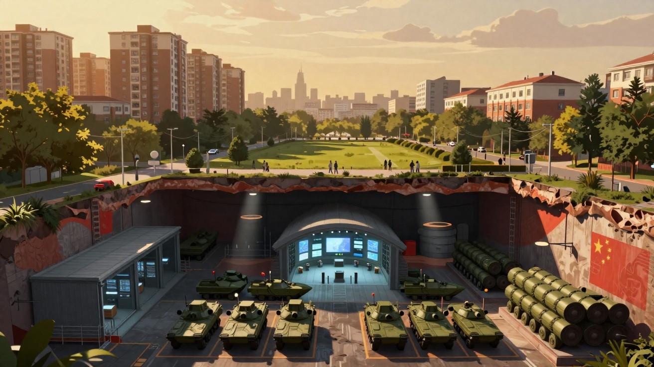 Base militar subterrânea com tanques de guerra e mísseis, junto a uma área urbana e parque, ao entardecer.