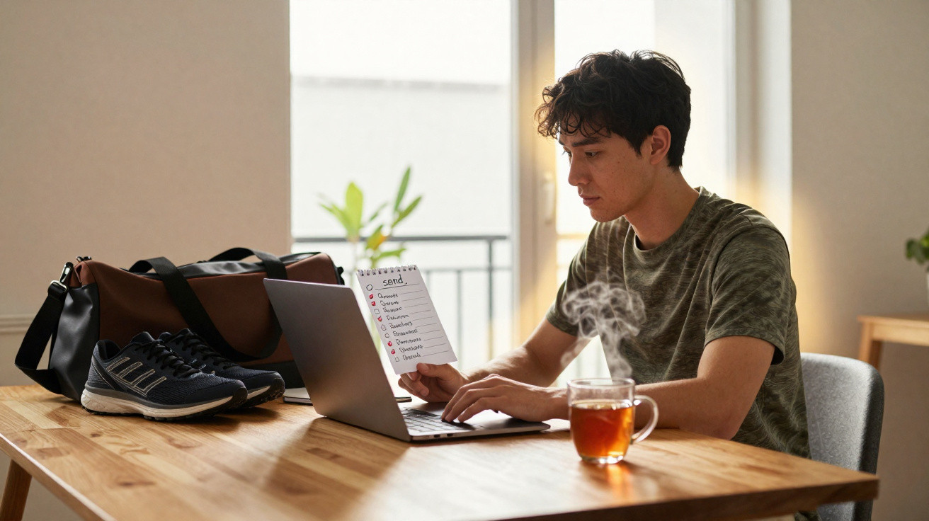 Homem sentado a trabalhar no computador com lista na mão, chá quente e ténis numa mesa em madeira.