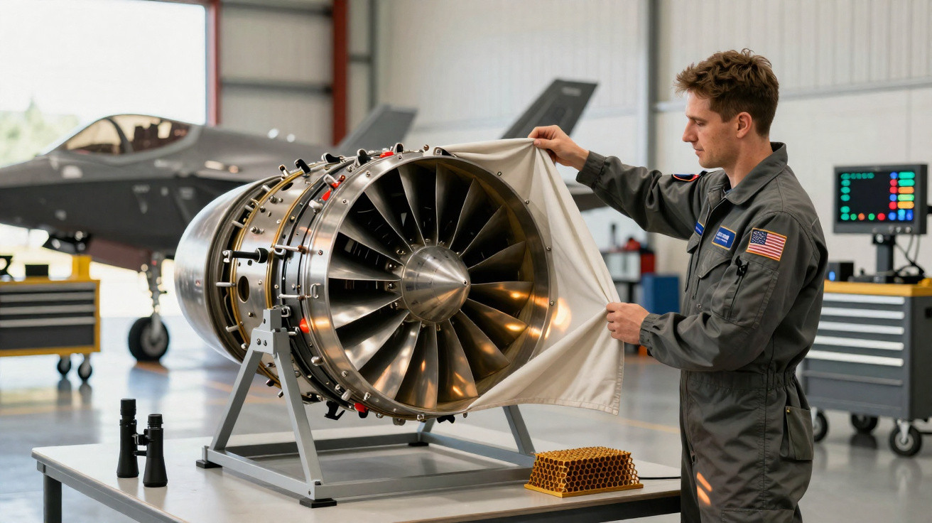 Homem com fato cinzento remove uma capa de motor de avião numa oficina aeronáutica moderna.