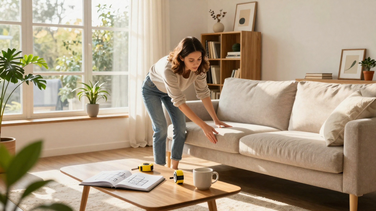 Mulher a medir sofá com fita métrica numa sala iluminada e decorada com plantas e móveis de madeira.