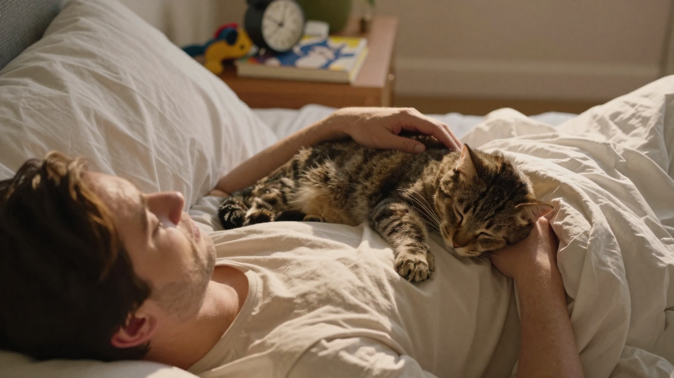 Homem deitado na cama a aconchegar um gato tigrado que descansa sobre o seu peito.