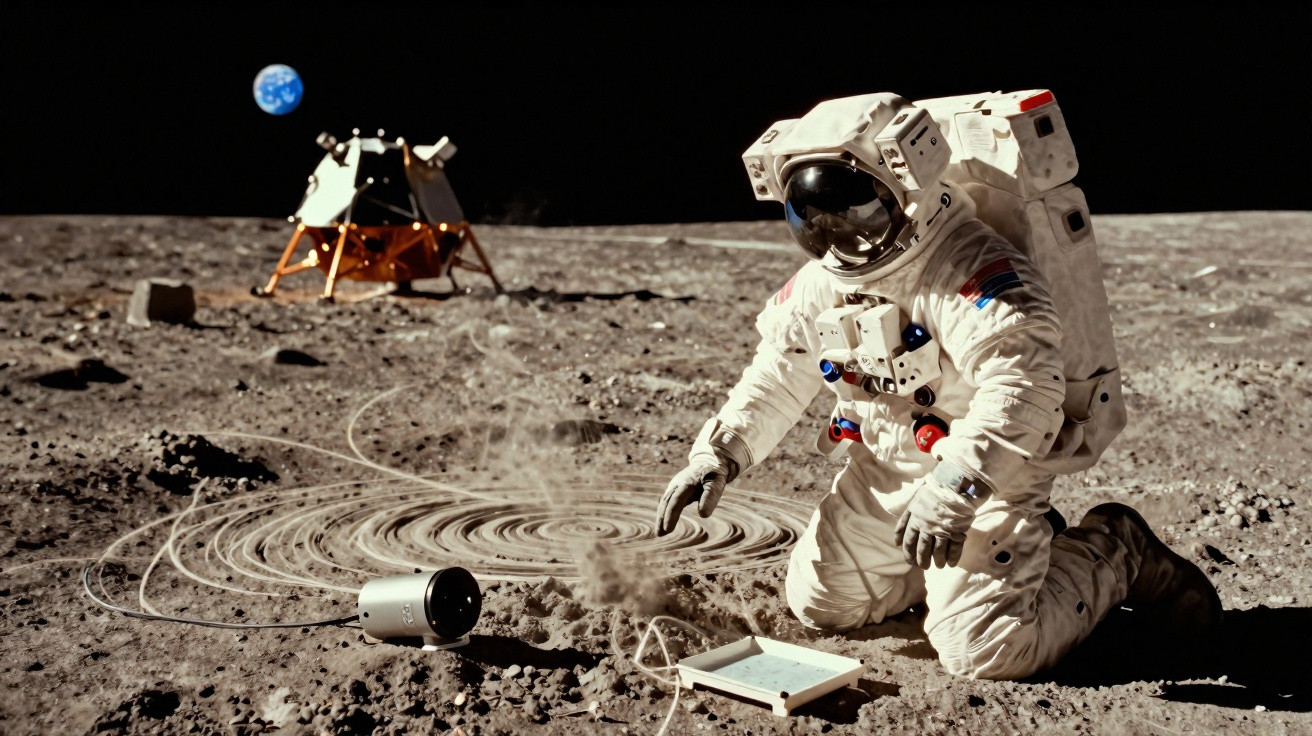 Astronauta em fato espacial a recolher amostras do solo lunar com módulo lunar e Terra visíveis ao fundo.
