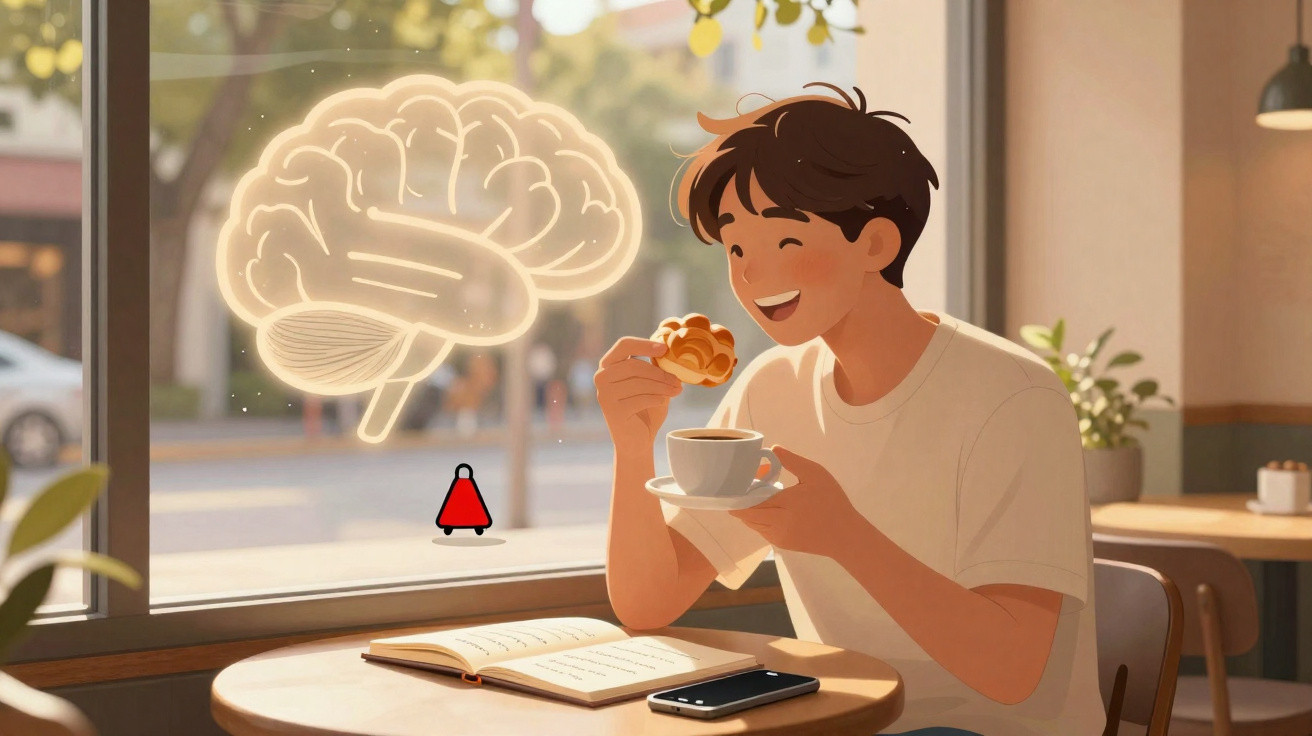 Jovem feliz a beber café e comer pastel numa mesa com livro aberto e telemóvel numa cafetaria iluminada.