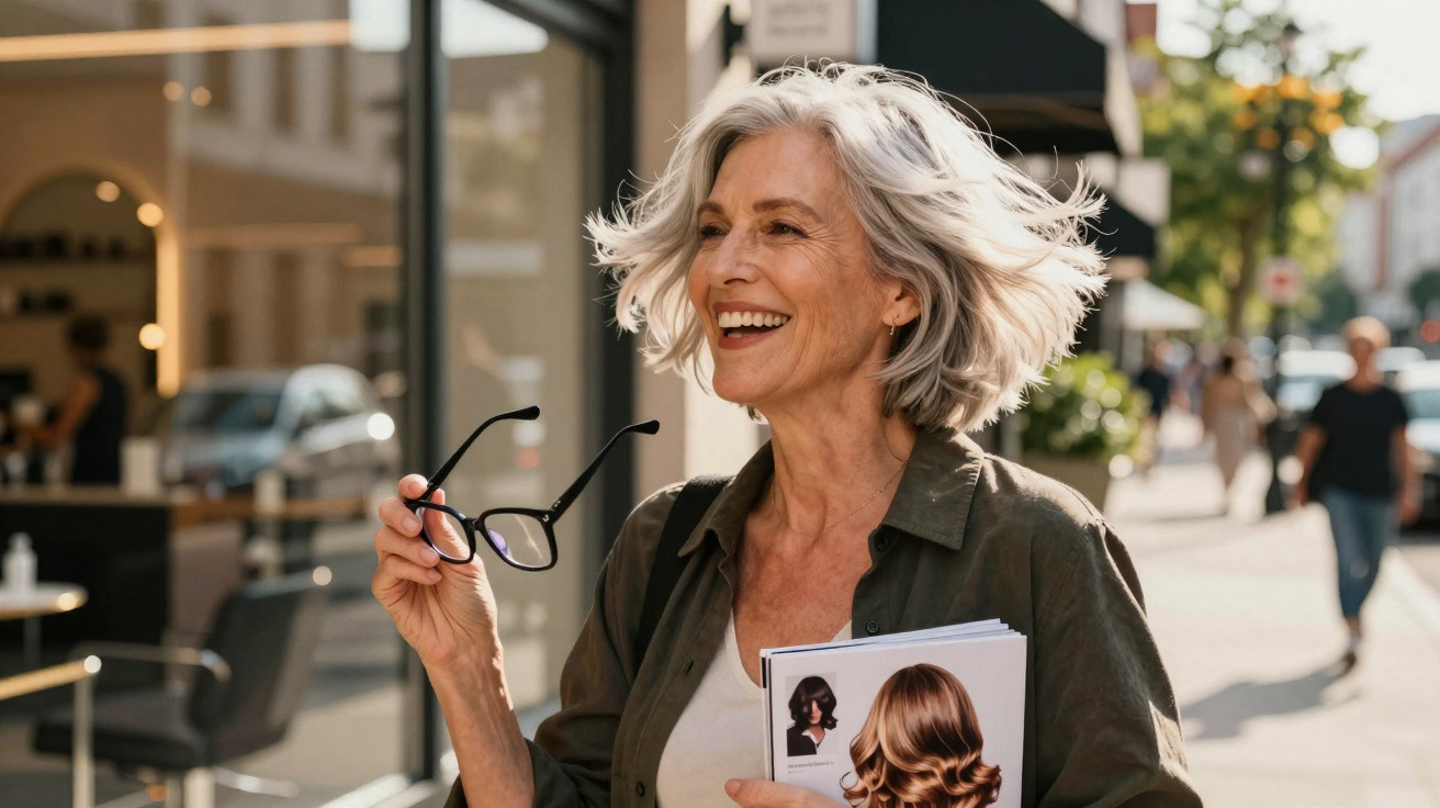 Mulher sorridente de cabelo grisalho a segurar óculos e revistas de coiffure numa rua com movimento.