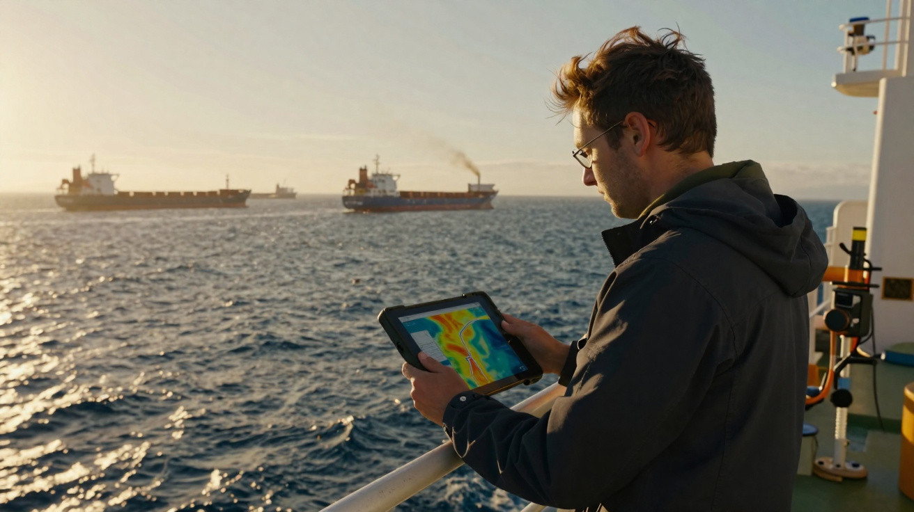 Homem a bordo de navio observa e analisa dados num tablet junto ao mar com navios ao fundo ao pôr do sol.