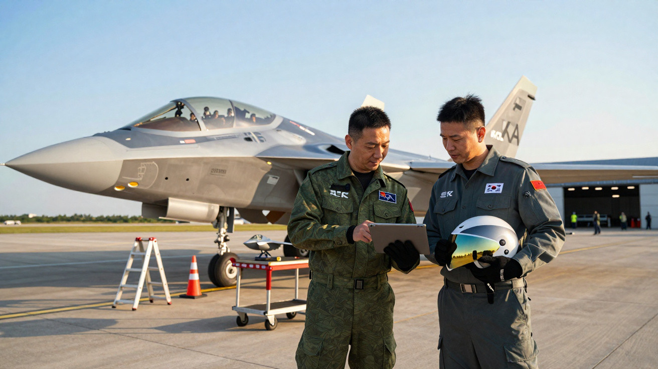 Dois pilotos militares junto a um caça F-35 numa pista de aeroporto, um segura um capacete e o outro uma prancha digital.