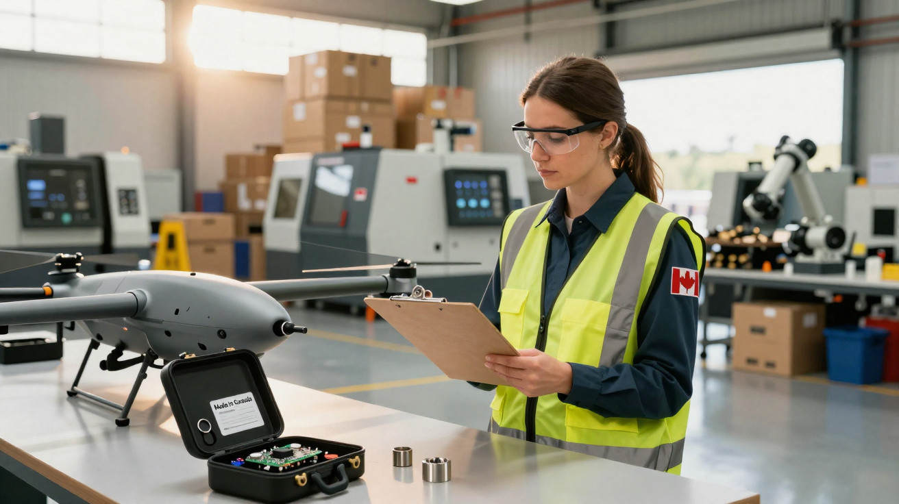 Mulher com colete de segurança a inspecionar drones e equipamentos numa fábrica moderna.