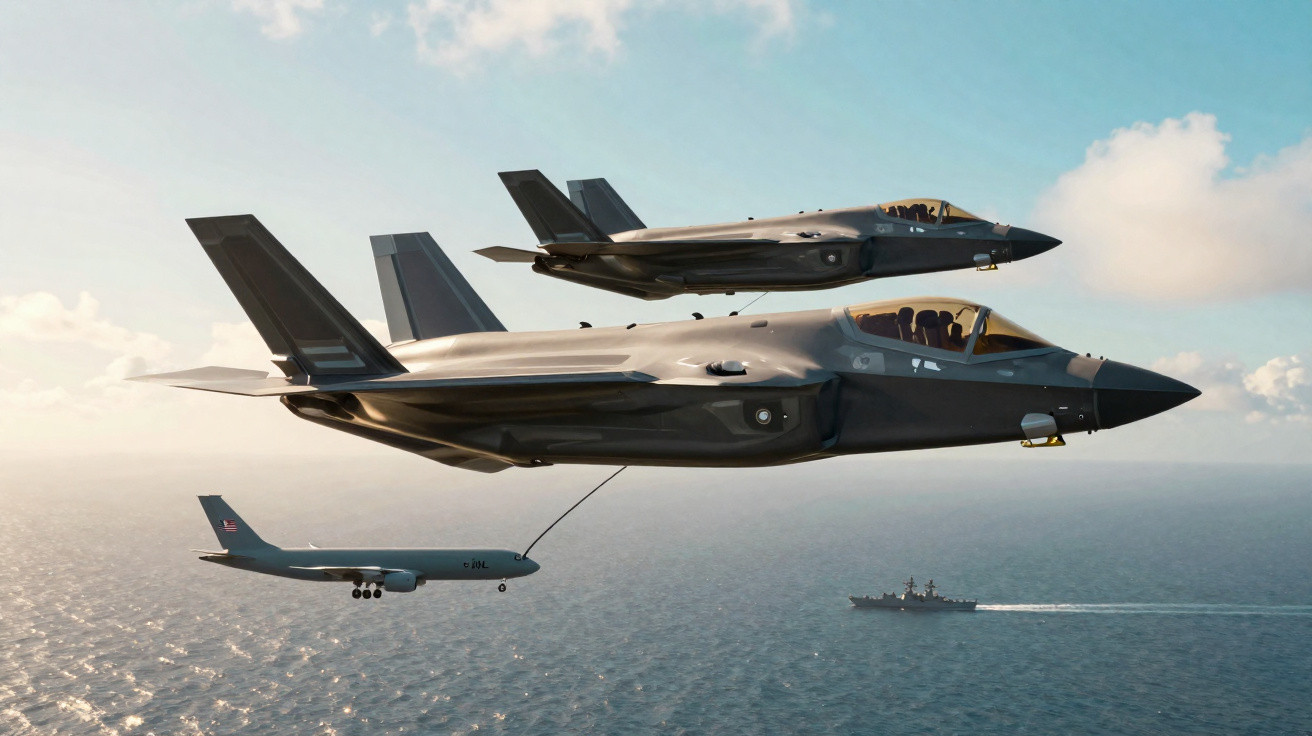 Dois caças a jato F-35 em voo sobre o mar com um avião de reabastecimento a jato e um navio de guerra ao fundo.