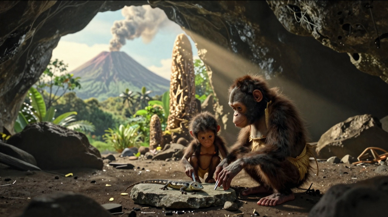 Dois macacos pré-históricos interagem numa caverna com vulcão em erupção ao fundo.