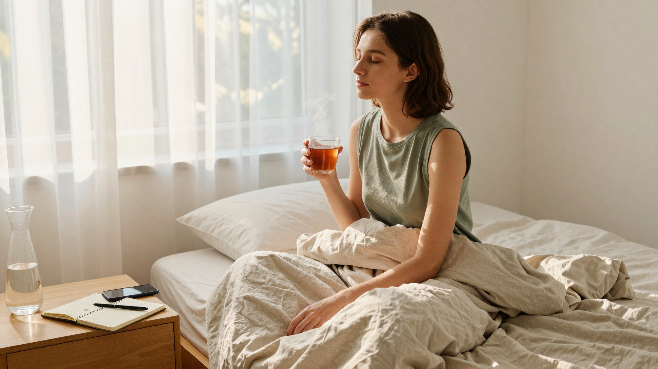 Mulher sentada na cama de manhã, segurando chá, com olhos fechados em ambiente iluminado e tranquilo.