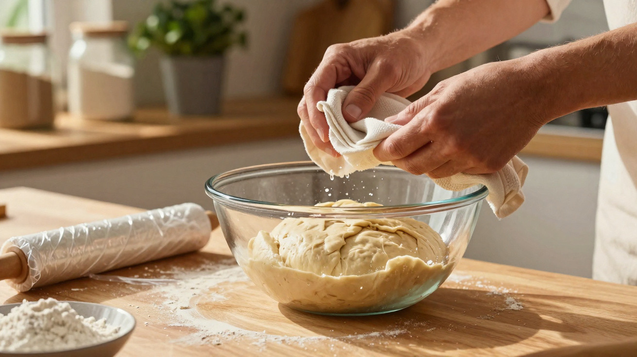 Mãos a espremer líquido num pano sobre uma tigela com massa para pão numa cozinha iluminada.