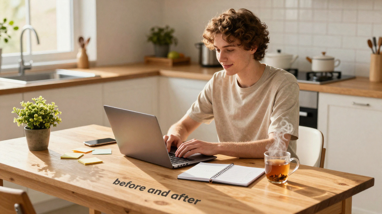 Jovem sentado a trabalhar num portátil numa cozinha luminosa com chá, caderno e planta na mesa.