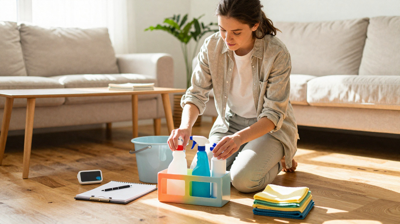 Mulher ajoelhada no chão da sala a organizar produtos de limpeza e panos coloridos.