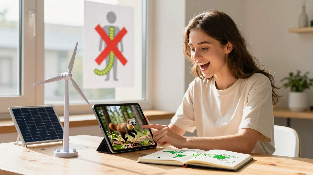 Jovem entusiasmada usa tablet para aprender sobre animais e energia renovável numa mesa com modelos solar e eólico.