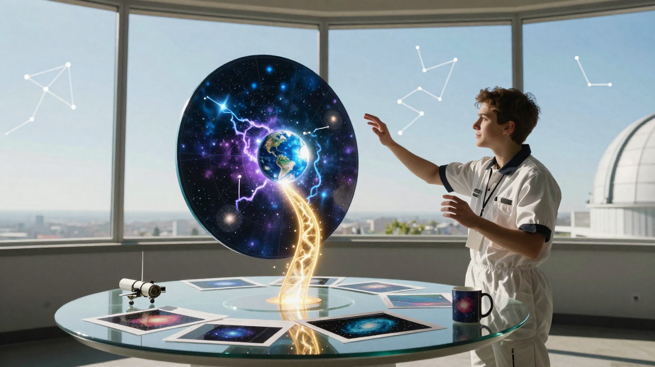 Jovem interage com projeção holográfica do planeta Terra e constelações numa sala com janelas panorâmicas.