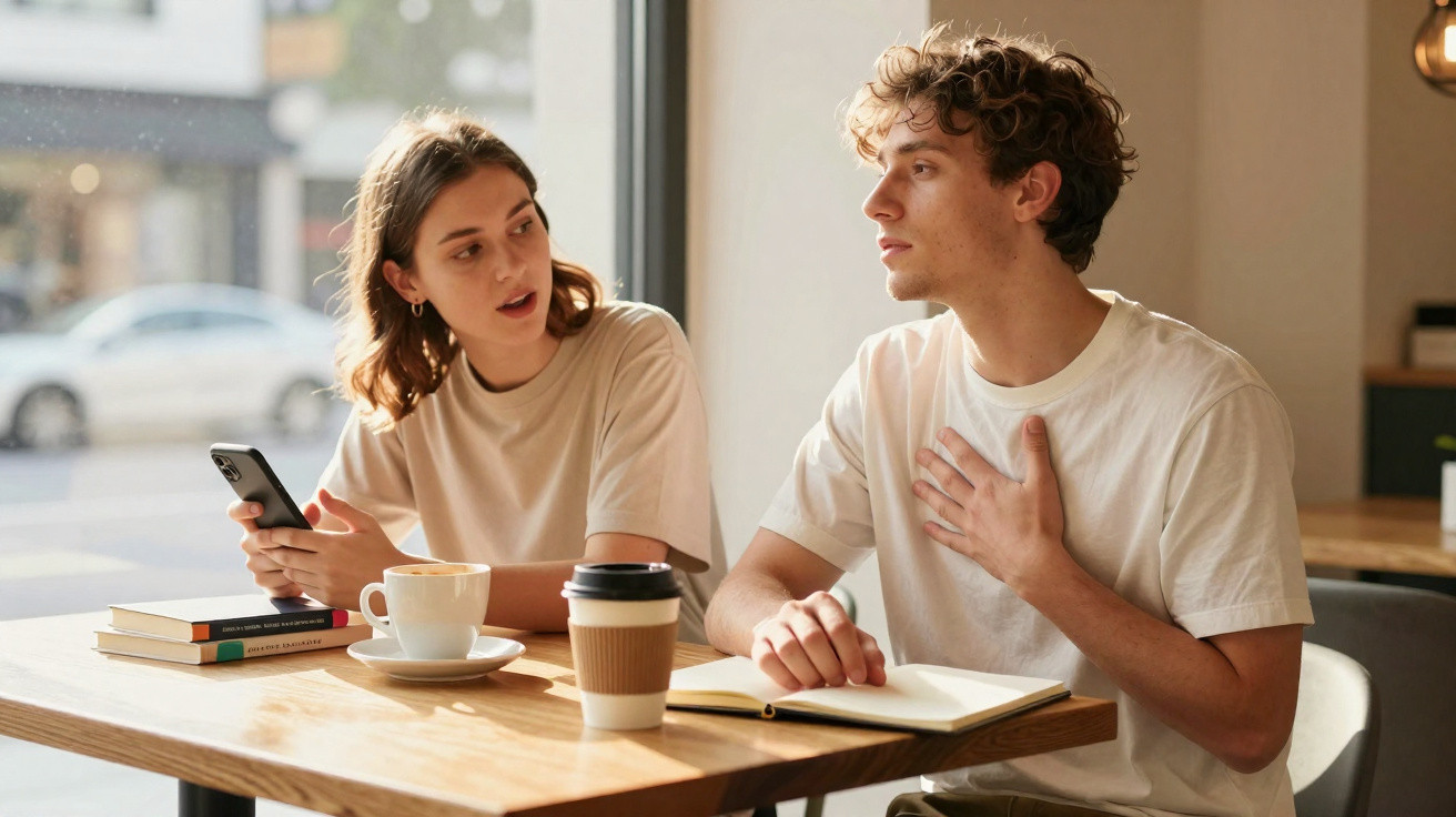 Casal jovem conversa numa cafetaria, homem expressa sentimento com a mão no peito e mulher segura telemóvel.