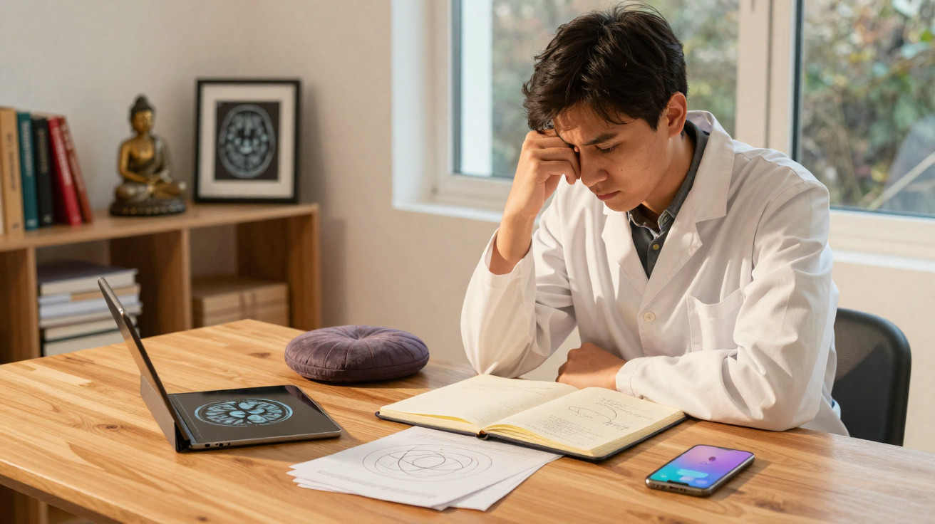 Homem com bata branca sentado a ler um livro numa mesa com computador, caderno, folhas e telemóvel.