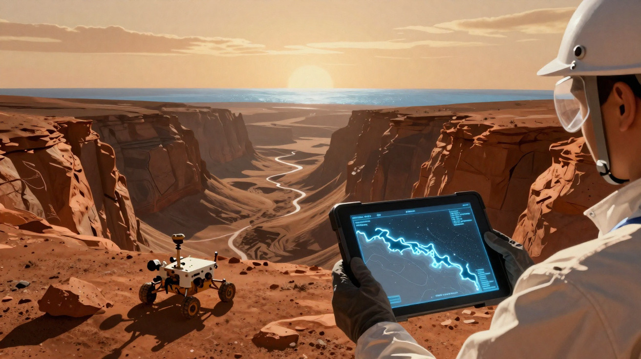Explorador em capacete observa tablet com mapa digital enquanto rover explora terreno árido de cânion ao pôr do sol.