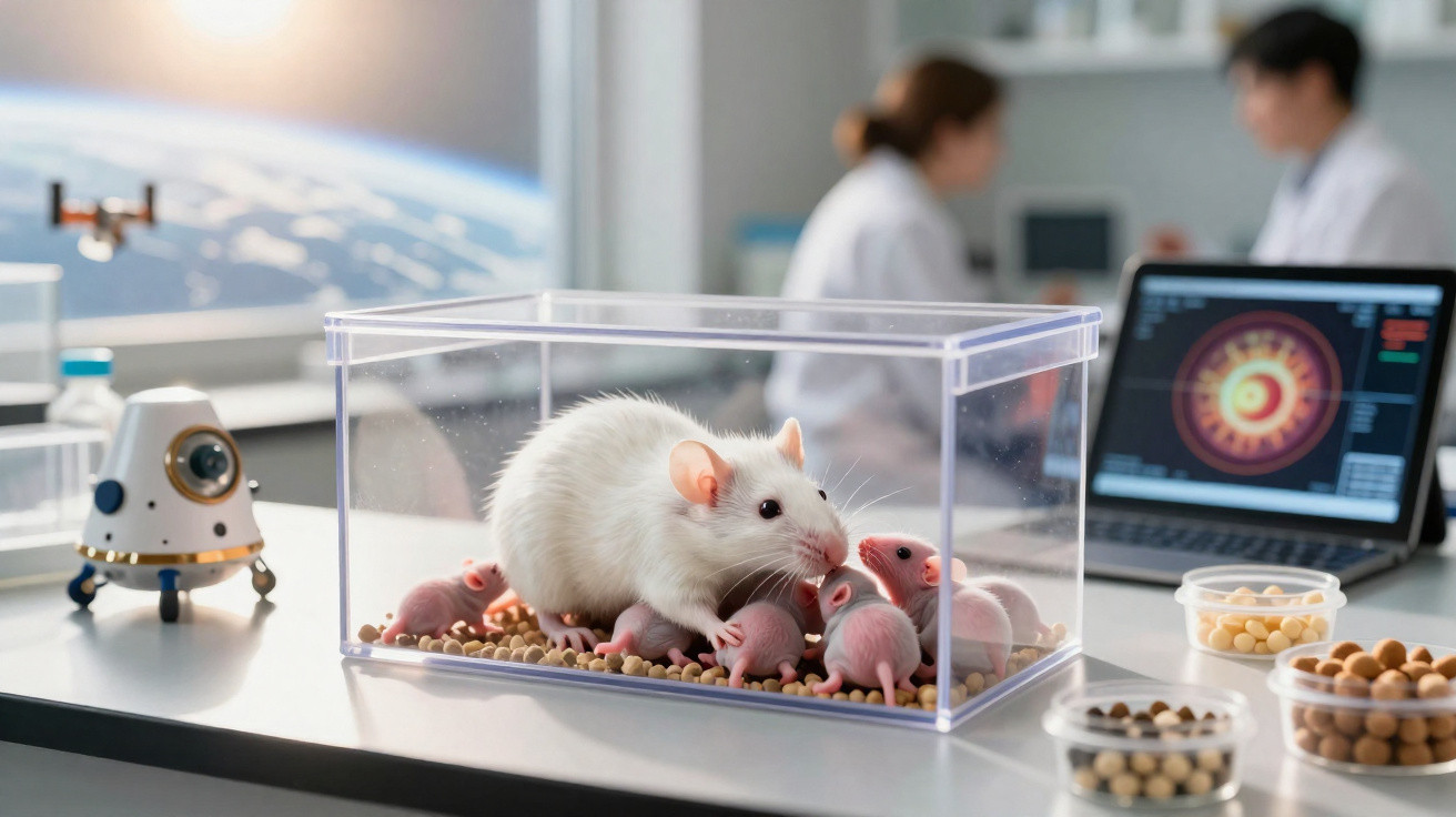 Rata branca com vários ratinhos num tanque transparente em laboratório com computador e cientistas ao fundo.