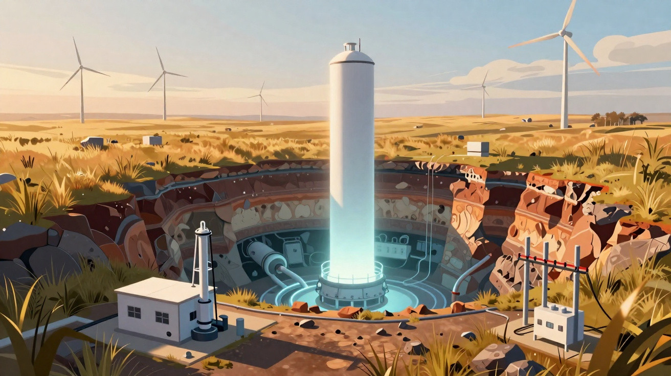 Instalação de energia geotérmica com torre central iluminada, turbinas eólicas e edifícios em paisagem campestre.