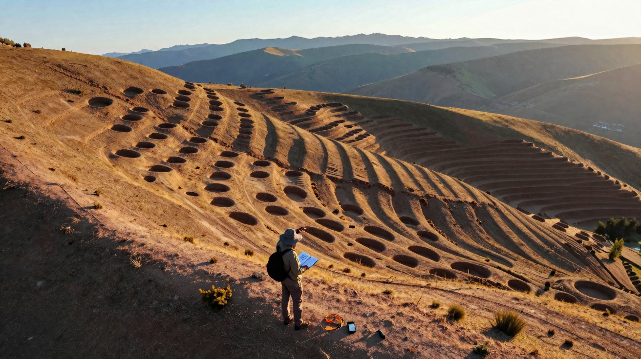 Pessoa com mochila estuda terreno com sulcos e buracos em encosta seca com montanhas ao fundo ao pôr do sol.