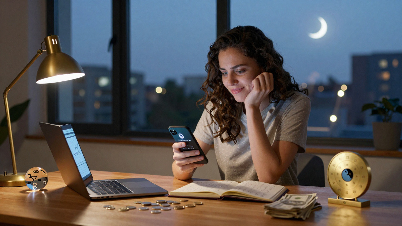 Mulher a trabalhar à secretária com computador, caderno e telemóvel à noite, com a lua visível pela janela.