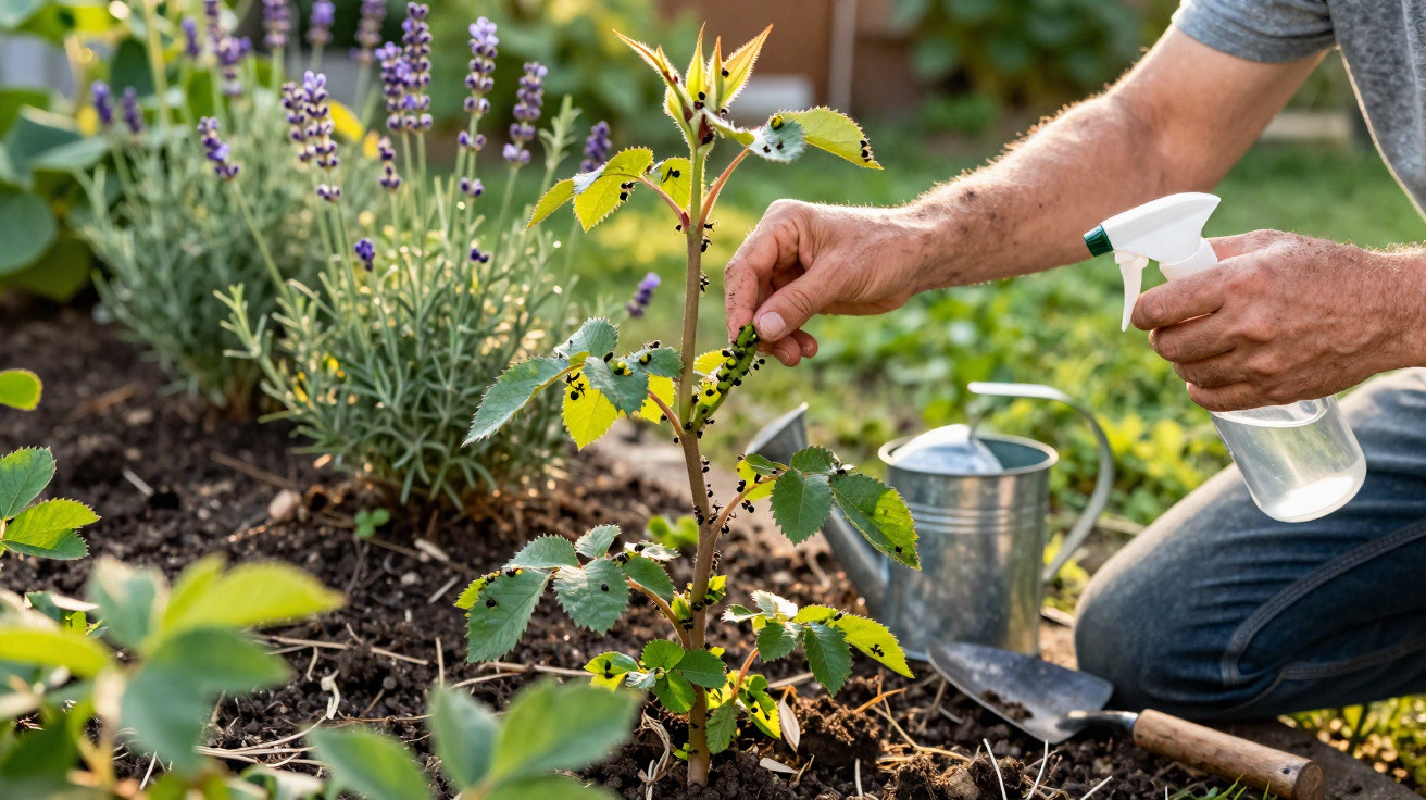 Pessoa a pulverizar planta infestada por pulgões num jardim com ferramentas de jardinagem ao lado.