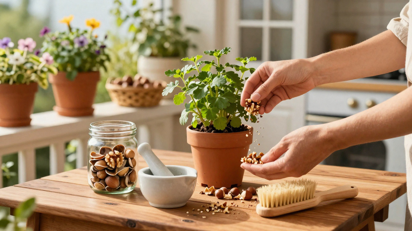 Mãos a semear sementes numa planta em vaso num ambiente interior com jarra de sementes, almofariz e escova.